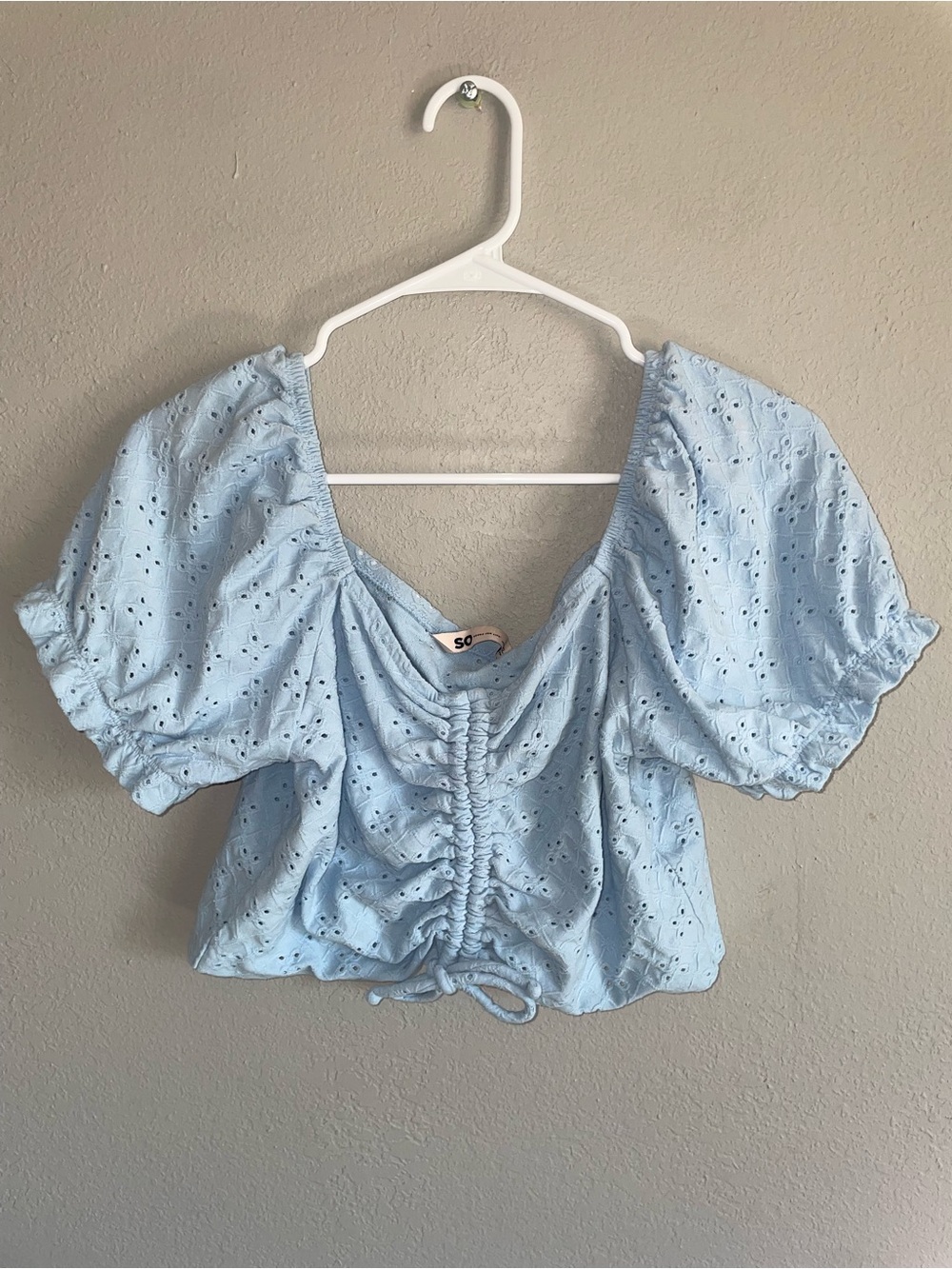 SO Baby Blue Eyelet Ruched Puff Sleeve Crop Top
